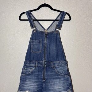 We The Free Denim Short Overalls in Dark Blue with Faded Accents